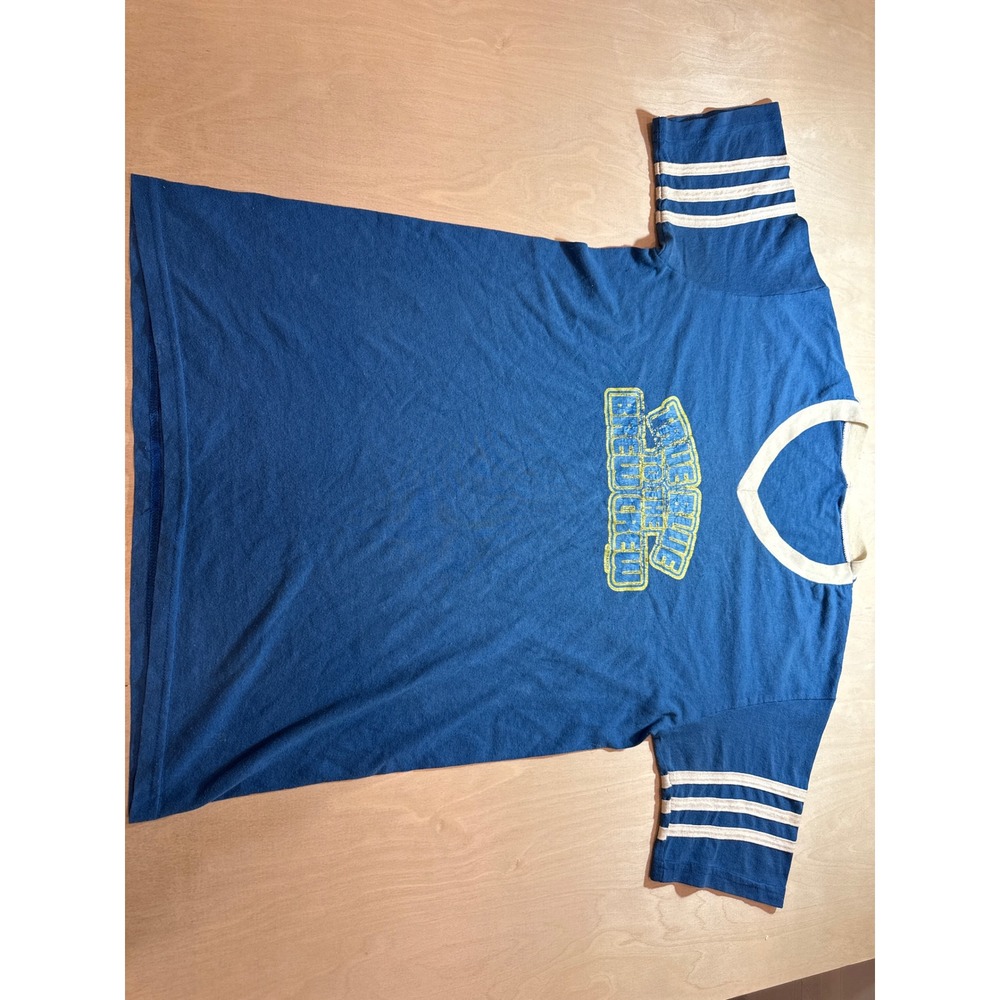 Vintage 1979 Trouble Brew Crew T Shirt Blue V Neck Triple Stripe Sleeves 70s L